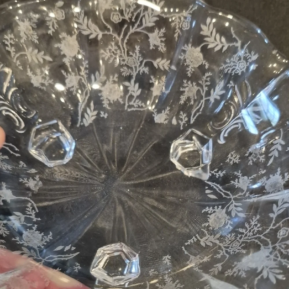 Fostoria Navarre Etched Crystal  Scalloped Edge, Floral Nut Or Candy Bowl